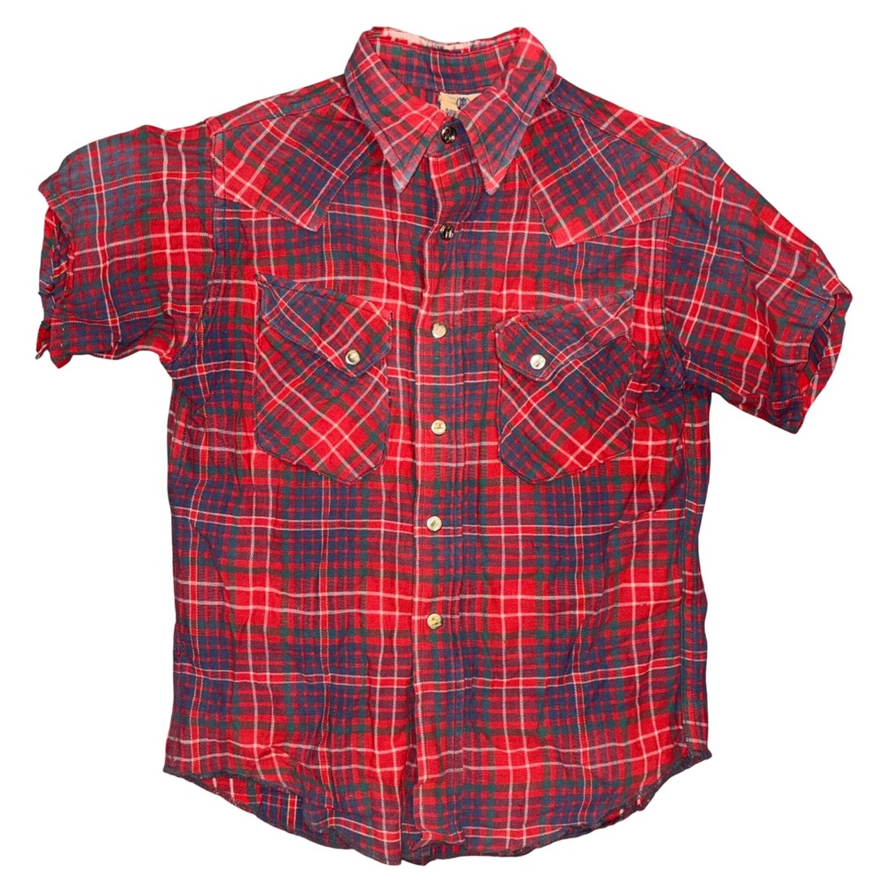 Vintage Wrangler Kids Red Plaid Western Pearl Snap Short‎ Sleeve Flannel Shirt